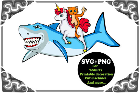 Cat and Unicorn Riding Shark SVG and PNG