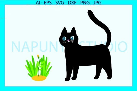 Cat Black and Grass Svg