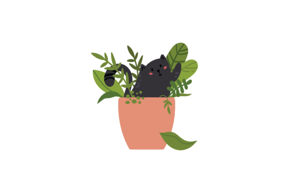 Cat Playing on Potted Plants Svg