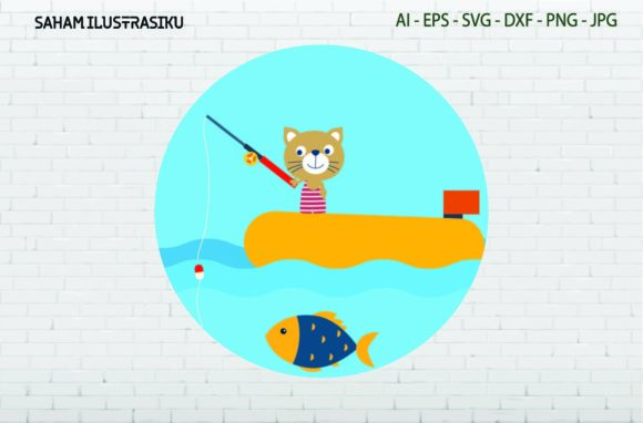 Icon Fish, Cat Fishing on Boat Svg