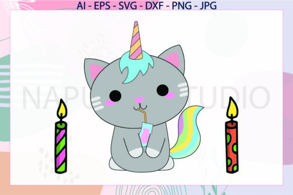 Unicorn Cat Grey and Candle Svg